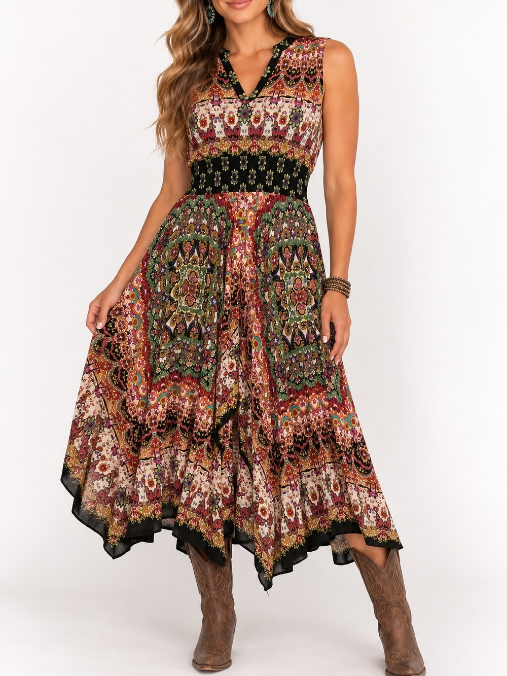 Bila Dress Womens Black Multi Floral Maxi Smocked Handkerchief Hem Boho L